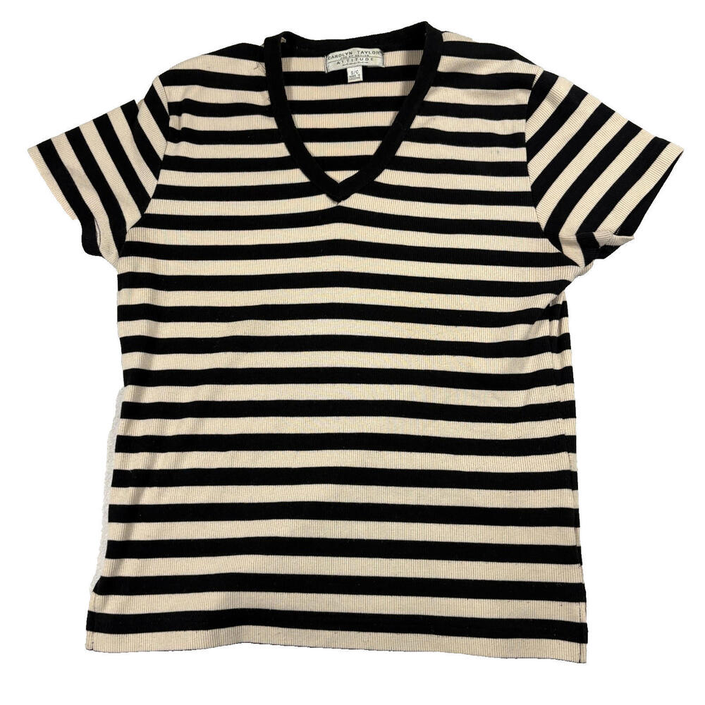 Vintage Carolyn Taylor Striped V Neck T Shirt Womens Small Black Beige Ribbed